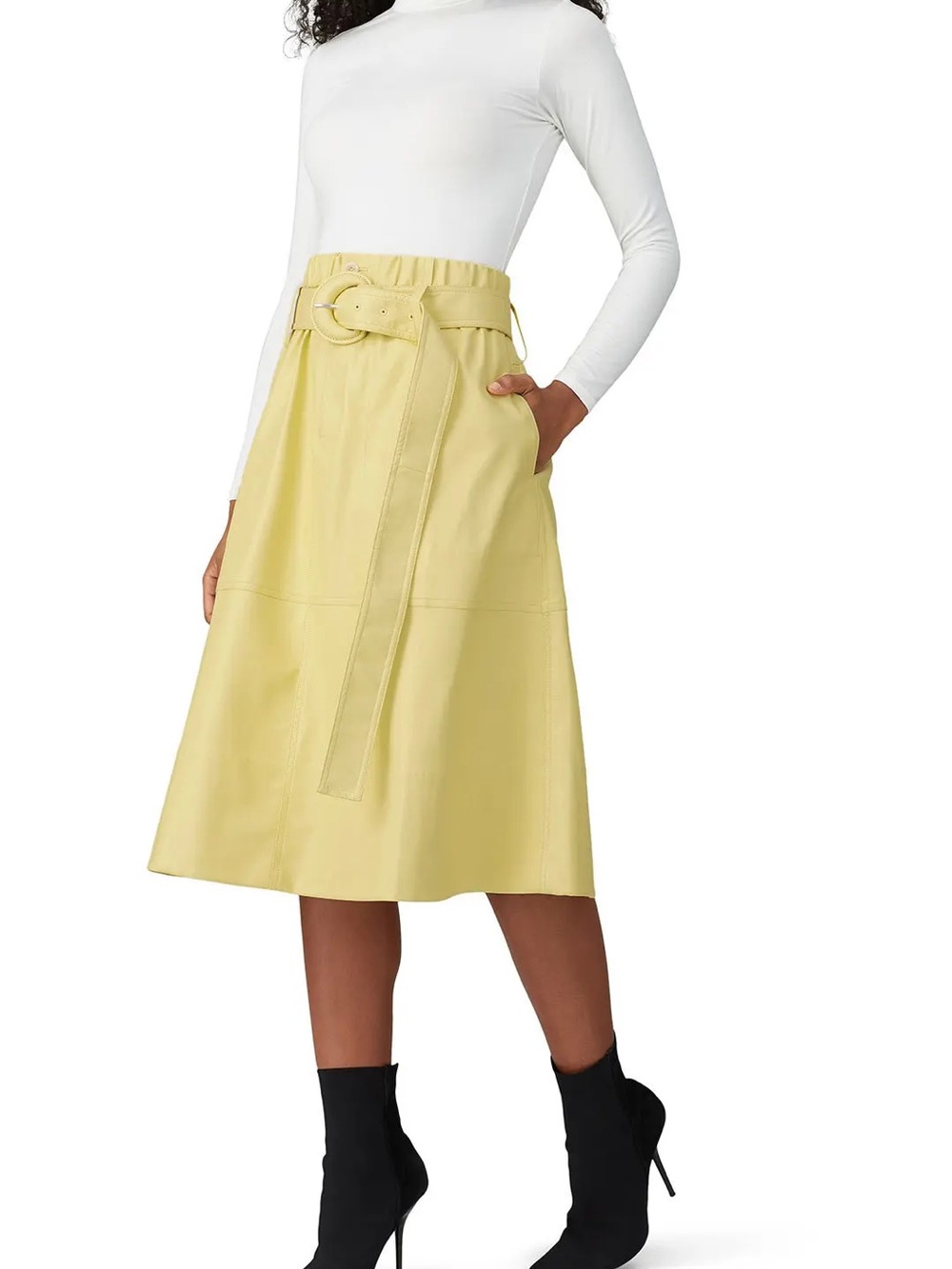 Proenza Schouler Leather Lemon Yellow Belted A-Line Midi Skirt